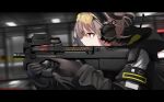  1girl absurdres black_gloves black_jacket blurry blurry_background border brown_hair bullpup closed_mouth earmuffs eyewear_on_head from_side girls_frontline gloves gun highres holding holding_gun holding_weapon indoors jacket letterboxed long_sleeves p90 p90_(girls&#039;_frontline) red_eyes rynn_(rynn_cube) shooting_glasses solo submachine_gun tinted_eyewear weapon yellow-tinted_eyewear 