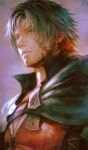  1boy black_cloak black_hair blue_eyes clive_rosfield cloak closed_mouth earrings facial_hair final_fantasy final_fantasy_xvi hirao_(hiered) jewelry male_focus muscular muscular_male parted_bangs portrait red_vest scar scar_on_cheek scar_on_face short_hair solo stubble upper_body vest 