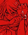  1girl clenched_hand closed_mouth dirty dirty_face hair_between_eyes kill_la_kill life_fiber matoi_ryuuko mei_ford mixed-language_commentary monochrome neckerchief pulling red_theme sailor_collar senketsu short_hair simple_background solo upper_body 