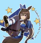  1girl :d admire_vega_(umamusume) animal_ears ankle_boots asymmetrical_footwear black_footwear black_pantyhose blue_background blue_skirt bonchenpint boots brown_hair cross-laced_footwear ear_covers english_text hair_between_eyes hair_ribbon horse_ears horse_girl horse_tail lace-up_boots long_hair long_sleeves looking_at_viewer low_ponytail mismatched_footwear necktie pantyhose ribbon simple_background single_ear_cover skirt smile solo tail umamusume violet_eyes white_footwear white_necktie white_ribbon 