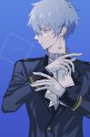  1boy ascot blue_background blue_eyes character_name earrings gloves grey_hair hair_between_eyes highres iai_13 jewelry lance_crown male_focus mashle solo uniform upper_body white_ascot white_gloves 