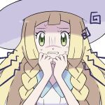  1girl blonde_hair dress green_eyes hand_on_own_face hat jiffy0v0 lillie_(pokemon) long_hair pokemon pokemon_(game) scared sweat swirl white_dress 