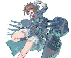  1girl ascot black_jacket blue_eyes brown_hair cannon feet_out_of_frame flower gegeron gloves highres jacket kantai_collection long_hair machinery messy_hair military_uniform neck_flower one-hour_drawing_challenge pleated_skirt ponytail red_ascot red_flower red_rose rose sheffield_(kancolle) simple_background skirt solo turret uniform white_background white_gloves white_skirt 