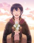  1boy black_gloves black_hair closed_eyes driftwoodwolf fingerless_gloves fire_emblem fire_emblem_awakening flower gloves holding holding_flower laughing long_sleeves male_focus moon morgan_(fire_emblem) open_mouth sky solo sunset teeth 