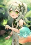  1girl 1other crystalfly_(genshin_impact) dress fungi_(genshin_impact) genshin_impact gradient_hair green_eyes green_hair hair_ornament long_hair looking_at_viewer multicolored_hair nahida_(genshin_impact) nakaneabura8623 open_mouth pointy_ears side_ponytail smile symbol-shaped_pupils white_dress 