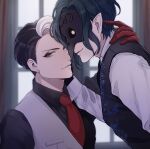  2boys black_hair black_vest dire_crowley divus_crewel earrings eyeshadow gloves grey_eyes hand_on_another&#039;s_cheek hand_on_another&#039;s_face highres indoors jewelry makeup male_focus mask minatoya_mozuku multiple_boys necktie pointy_ears red_gloves red_necktie smile stud_earrings twisted_wonderland two-tone_vest upper_body vest white_hair yellow_eyes 
