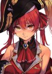  1girl bare_shoulders bicorne blush breasts closed_mouth frills hair_ribbon hankuri hat heterochromia hololive houshou_marine large_breasts long_hair looking_at_viewer pirate_hat red_eyes redhead ribbon simple_background solo tearing_up tears twintails upper_body virtual_youtuber white_background yellow_eyes 