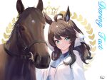  1girl 1other ahoge ascot black_hair blue_ascot blue_collar blue_eyes breasts character_name coat collar collared_shirt commentary_request creature_and_personification daring_tact_(racehorse) daring_tact_(umamusume) dress english_text hair_between_eyes hair_ornament highres horse horse_girl kashmir_0808 looking_at_viewer medium_breasts medium_hair portrait reins shirt signature simple_background tiara umamusume white_background white_coat white_dress 