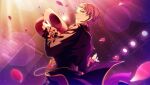  1boy closed_mouth ensemble_stars! from_below happy_elements hat headset holding holding_clothes holding_hat human_comedy_(ensemble_stars!) indoors itsuki_shu long_sleeves looking_at_viewer male_focus official_art petals pink_hair short_bangs short_hair sideways_glance solo third-party_source top_hat upper_body violet_eyes 