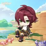  1boy absurdres ahoge armor black_footwear blue_sky blurry blurry_background chibi closed_mouth clouds commentary copyright_name crab day dot_nose english_commentary genshin_impact green_eyes hair_between_eyes hand_up highres japanese_armor knee_up kote kurokote lake light_smile long_hair looking_at_viewer male_focus mole mole_under_eye official_art outdoors parted_bangs shikanoin_heizou shorts sitting sky sword tassel toeless_footwear toes water weapon 