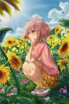  1girl absurdres aged_down arm_support blue_flower blue_skirt blue_sky closed_mouth clouds cloudy_sky dress flower full_body grass hand_on_own_cheek hand_on_own_face highres id_card koe_no_katachi nishimiya_shouko outdoors pink_eyes pink_flower pink_hair pink_shirt plaid plaid_skirt shirt shoes short_hair short_sleeves skirt sky smile sneakers socks solo squatting sundress sunflower white_footwear yellow_skirt yellow_socks 