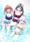  3girls amagami-san_chi_no_enmusubi amagami_asahi amagami_yae amagami_yuna artist_request bikini blue_eyes breasts brown_eyes flower green_eyes hair_flower hair_ornament highres jewelry large_breasts long_hair looking_at_viewer medium_breasts multiple_girls necklace ocean official_art open_mouth short_hair smile swimsuit twintails water 