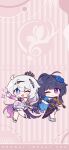  2girls :d ahoge alternate_costume black_dress blue_flower chibi closed_mouth colored_inner_hair crown dress flower guitar hair_flower hair_ornament high_ponytail highres holding holding_instrument honkai_(series) honkai_impact_3rd instrument kiana_kaslana kiana_kaslana_(herrscher_of_finality) looking_at_viewer multicolored_hair multiple_girls official_art official_wallpaper one_eye_closed open_mouth ponytail raiden_mei simple_background smile star-shaped_pupils star_(symbol) symbol-shaped_pupils violet_eyes violin white_dress white_hair 