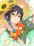  absurdres androgynous bishounen black_hair blue_hair braid closed_mouth commentary flower genshin_impact gradient_hair hair_ornament hairclip highres looking_at_viewer male_focus misoshiru_umai4 multicolored_hair short_hair_with_long_locks side_braids solo sunflower symbol-only_commentary twin_braids upper_body venti_(genshin_impact) 