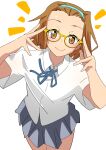  1girl absurdres blue_sky brown_eyes brown_hair commentary_request glass highres k-on! looking_at_viewer sakuragaoka_high_school_uniform school_uniform shirt short_sleeves sky smile solo tainaka_ritsu white_background white_shirt yellow-framed_eyewear yoroshi 