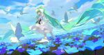  animal aqua_eyes bird black_ribbon blue_flower bow clouds cloudy_sky colorful dress elbow_gloves field flower flower_field gloves guguzi hair_bow hatsune_miku highres holding holding_flower looking_at_viewer ribbon sky solo standing twintails vocaloid white_bow white_dress white_gloves 