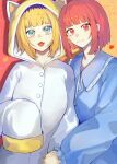  2girls arima_kana blonde_hair blue_pajamas closed_mouth happy looking_at_viewer memcho multiple_girls open_mouth oshi_no_ko pajamas plum_(redlittleplum1) red_eyes redhead short_hair smile white_pajamas 