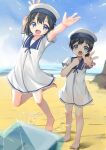  2girls arms_up barefoot beach black_hair blue_eyes blue_sailor_collar blue_sky bob_cut clouds commentary_request daitou_(kancolle) day dress hat hiburi_(kancolle) highres jumping kantai_collection low_ponytail multiple_girls outdoors sailor_collar sailor_dress sailor_hat short_hair short_sleeves sky standing white_dress white_headwear yashin_(yasinz) 