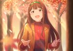  1girl :d autumn black_skirt blazer blurry blurry_foreground blush brown_hair brown_jacket dashimeshi day falling_leaves forest green_hairband hairband high-waist_skirt highres idolmaster idolmaster_million_live! jacket leaf light_rays long_bangs long_hair long_sleeves looking_at_viewer nature open_clothes open_jacket open_mouth outdoors raised_eyebrows red_eyes red_sweater sidelocks skirt smile solo straight_hair sweater sweater_tucked_in tanaka_kotoha tree turtleneck turtleneck_sweater upper_body 