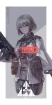  1girl absurdres defy_(girls&#039;_frontline) drum_magazine girls_frontline gun highres light_machine_gun load_bearing_equipment looking_at_viewer magazine_(weapon) rpk-16 rpk-16_(girls&#039;_frontline) russian_text short_hair smile tactical_clothes useless violet_eyes weapon 
