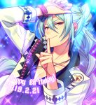 1boy arm_up belt_buckle blue_hair buckle buttons chi_yu closed_mouth commentary_request dated ensemble_stars! fingernails hair_between_eyes hand_up happy_birthday hibiki_wataru jewelry lapels light_blue_hair long_hair long_sleeves looking_at_viewer male_focus necklace notched_lapels solo upper_body violet_eyes 
