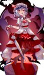  1girl ascot bat_wings blue_hair chromatic_aberration dress fang highres holding holding_umbrella looking_at_viewer open_mouth pointy_ears red_ascot red_eyes red_footwear remilia_scarlet sakizaki_saki-p shoes skin_fang solo touhou umbrella white_dress wings wrist_cuffs 