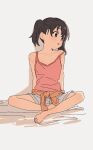  1girl arm_rest bare_arms bare_legs bare_shoulders barefoot black_hair camisole clothes_around_waist collarbone drop_shadow full_body grey_shorts highres indian_style kona_ming kuraue_hinata light_blush looking_to_the_side open_mouth pink_camisole short_twintails shorts simple_background sitting solo strap_slip turning_head twintails violet_eyes white_background yama_no_susume 