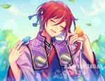  1boy animal_on_shoulder asymmetrical_hair bird bird_on_hand bird_on_shoulder chi_yu closed_eyes colored_inner_hair commentary_request dated ensemble_stars! fingernails hair_between_eyes hair_ornament hands_up happy_birthday leaf long_sleeves male_focus meikyoushisui_(ensemble_stars!) multicolored_hair official_alternate_costume open_mouth redhead sakasaki_natsume short_hair solo streaked_hair tree two-tone_hair upper_body white_hair yin_yang 