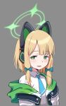  1girl animal_ear_headphones animal_ears blonde_hair blue_archive blue_bow blush bow cat_ear_headphones commentary_request cropped_torso fake_animal_ears green_eyes grey_background hair_bow halo headphones looking_at_viewer midori_(blue_archive) necktie off_shoulder open_clothes parted_lips sanzoku shirt simple_background solo upper_body white_shirt 