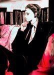  1boy black_eyes black_hair black_suit chrollo_lucilfer cross_tattoo earrings facial_mark facial_tattoo forehead_mark forehead_tattoo formal ga_31kad highres hunter_x_hunter jewelry long_sleeves male_focus necktie shirt short_hair solo suit tattoo white_shirt 