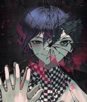  2boys black_background black_hair black_jacket blood broken_mirror brown_eyes buttons checkered_clothes checkered_scarf closed_mouth danganronpa_(series) danganronpa_v3:_killing_harmony evil_smile grey_background hand_on_mirror hand_up hwang_(h751073) jacket looking_at_viewer male_focus mirror multiple_boys oma_kokichi pink_blood portrait purple_hair saihara_shuichi scarf smile striped striped_jacket violet_eyes white_jacket 