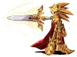  1boy arm_at_side arm_up armor armored_boots boots breastplate cape commentary english_commentary excalibur_(sonic) excalibur_sonic full_armor full_body furry furry_male gauntlets gloves gold_armor helmet holding holding_sword holding_weapon leg_armor looking_to_the_side magic male_focus outstretched_arm pointy_footwear red_cape simple_background sketch solo sonic_(series) sonic_and_the_black_knight sonic_the_hedgehog standing sword usa37107692 weapon white_background yellow_footwear yellow_gloves yellow_headwear 