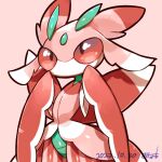  1girl antennae arthropod_girl artist_name brown_eyes colored_sclera colored_skin commentary_request cowboy_shot dated flat_chest furry furry_female green_skin hands_up highres looking_up lurantis minamo_(pixiv17726065) multicolored_skin no_mouth pink_background pink_skin pink_theme pokemon pokemon_(creature) red_sclera signature simple_background solo standing white_skin 