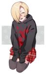  1girl black_hoodie black_thighhighs blonde_hair closed_eyes earrings full_body ghost_print hair_over_one_eye highres hood hoodie idolmaster idolmaster_cinderella_girls jewelry open_mouth oshinomiya plaid plaid_skirt red_skirt seiza shirasaka_koume short_hair sitting skirt sleeves_past_fingers sleeves_past_wrists smile solo thigh-highs zettai_ryouiki 