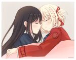  2girls black_hair blonde_hair border closed_eyes commentary_request hair_ribbon highres inoue_takina long_hair long_sleeves lycoris_recoil lycoris_uniform lying multiple_girls nishikigi_chisato on_side parted_lips red_ribbon ribbon short_hair sleeping twitter_username upper_body white_border yimilyee 