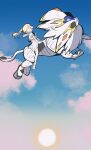  1girl blonde_hair blunt_bangs closed_eyes clouds cloudy_sky donguri_big highres jumping lillie_(pokemon) long_hair looking_back open_mouth pleated_skirt pokemon pokemon_(game) pokemon_sm ponytail riding riding_pokemon shirt skirt sky smile socks solgaleo sun white_footwear white_shirt white_skirt white_socks 