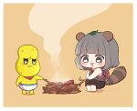  0725akaba 1girl animal_ears bare_arms bare_shoulders black_pants brown_background chibi food grey_eyes grey_hair grey_shirt highres holding holding_stick leaf leaf_on_head leaf_pile mode_aim pants peanuts-kun ponpoko_(vtuber) raccoon_ears raccoon_girl raccoon_tail roasted_sweet_potato shirt simple_background sleeveless sleeveless_shirt smoke squatting standing stick striped_tail sweet_potato tail virtual_youtuber 