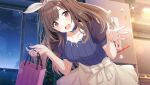  1girl :d bag blue_choker blue_shirt blurry blurry_background blush bokeh bow bow_hairband breasts brown_hair choker clouds collarbone cowboy_shot depth_of_field game_cg hair_bow hairband holding holding_bag idolmaster idolmaster_shiny_colors indoors large_breasts leaning_forward light_particles long_hair looking_at_viewer night official_art open_mouth outstretched_hand pink_eyes plant potted_plant puffy_short_sleeves puffy_sleeves refrigerator see-through see-through_sleeves shirt short_sleeves sidelocks skirt smile solo sparkle tsukioka_kogane waist_bow window yellow_skirt 