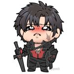  1boy armor black_armor black_hair blush chibi clive_rosfield facial_hair facial_tattoo final_fantasy final_fantasy_xvi flamingo_(eme324) full_body furrowed_brow looking_at_viewer male_focus pectoral_cleavage pectorals planted planted_sword pleading_eyes sad short_hair solo stubble sword tattoo weapon white_background 