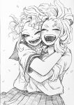  2girls :d ;d blush boku_no_hero_academia closed_eyes greyscale highres hug medium_hair monochrome multiple_girls nagatomo1565 one_eye_closed open_mouth petals pleated_skirt sailor_collar school_uniform sharp_teeth short_hair short_sleeves skirt smile teeth toga_himiko uraraka_ochako 