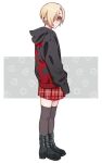  1girl black_footwear black_hoodie black_thighhighs blonde_hair blush boots brown_eyes earrings expressionless full_body ghost_print hair_over_one_eye highres hood hoodie idolmaster idolmaster_cinderella_girls jewelry looking_at_viewer oshinomiya plaid plaid_skirt red_skirt shirasaka_koume short_hair skirt sleeves_past_fingers sleeves_past_wrists solo thigh-highs zettai_ryouiki 