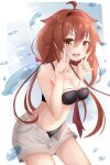  ahoge bikini breasts brown_eyes brown_hair finger_to_cheek hair_flaps hairband highres kantai_collection long_hair medium_breasts mf_u_c navel red_hairband shiratsuyu_(kancolle) shorts swimsuit twintails water 