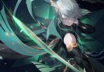  1boy alhaitham_(genshin_impact) black_shirt blurry blurry_foreground cape chest_jewel closed_mouth detached_sleeves genshin_impact grey_hair hair_between_eyes highres looking_at_viewer male_focus ri_eul_fd shirt shoulder_cape simple_background solo sparkle sword weapon 