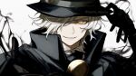  1boy black_gloves darkness edmond_dantes_(fate) fate/grand_order fate_(series) fedora gloves hair_over_one_eye hat highres male_focus smile sumi_(gfgf_045) twitter_username white_background white_hair yellow_eyes 