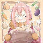  1girl blush brown_gloves brown_scarf carrot chili_pepper closed_eyes cooking cooking_pot eggplant enpera garlic gloves hair_between_eyes holding_cooking_pot jacket kagamihara_nadeshiko long_hair long_sleeves onion open_mouth orange_background pink_hair pink_jacket polka_dot polka_dot_background potato sanpo scarf smile solo steam teeth upper_body upper_teeth_only yurucamp 