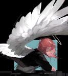  1boy angel angel_devil_(chainsaw_man) angel_wings artist_name black_jacket brown_hair chainsaw_man collared_shirt feathered_wings hair_between_eyes halo highres jacket looking_down medium_hair sevenchi shirt solo suit suit_jacket white_shirt white_wings wings 
