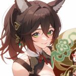  1girl animal_ear_fluff animal_ears brown_hair collarbone commentary fox_ears from_above green_eyes hair_between_eyes hair_ornament hand_fan high_ponytail holding holding_fan honkai:_star_rail honkai_(series) long_hair looking_at_viewer looking_up lyra-kotto simple_background smile solo tingyun_(honkai:_star_rail) white_background 
