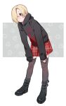  1girl black_footwear black_hoodie black_nails black_thighhighs blonde_hair blush boots brown_eyes earrings expressionless full_body ghost_print hair_over_one_eye highres hood hoodie idolmaster idolmaster_cinderella_girls jewelry leaning_forward oshinomiya plaid plaid_skirt red_skirt shirasaka_koume short_hair skirt sleeves_past_fingers sleeves_past_wrists solo thigh-highs zettai_ryouiki 