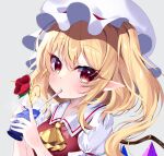  1girl absurdres ascot blonde_hair blush collared_shirt crystal cup drink drinking drinking_glass drinking_straw drinking_straw_in_mouth flandre_scarlet flower hair_between_eyes hat highres long_hair looking_at_viewer mob_cap one_side_up pointy_ears red_eyes red_flower red_vest s_vileblood shirt short_sleeves slit_pupils solo touhou upper_body vest white_headwear white_shirt wings yellow_ascot 