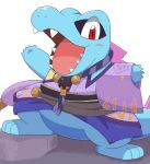  absurdres animal_focus clothed_pokemon fangs highres japanese_clothes kimono no_humans nostrils open_mouth outstretched_arms pokemon pokemon_(creature) purple_kimono red_eyes sharp_teeth standing teeth totodile wide_sleeves zeruri 